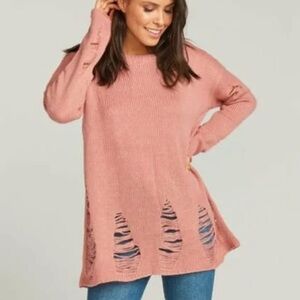 Show Me Your Mumu Tamaya Tunic Distressed Sweater Size Small Pink Long Sleeve
